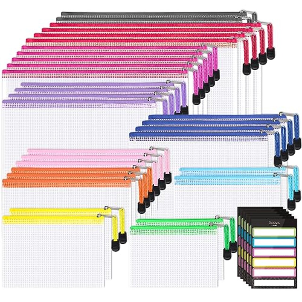 Sooez 34pcs Multisize Mesh Zipper Pouch with 36 Custom Stickers, 10 Colors,  8 Sizes Plastic Zipper Pouches, Water-Resistant Mesh Zipper Bags for Home,  School and Travel Supplies Storage